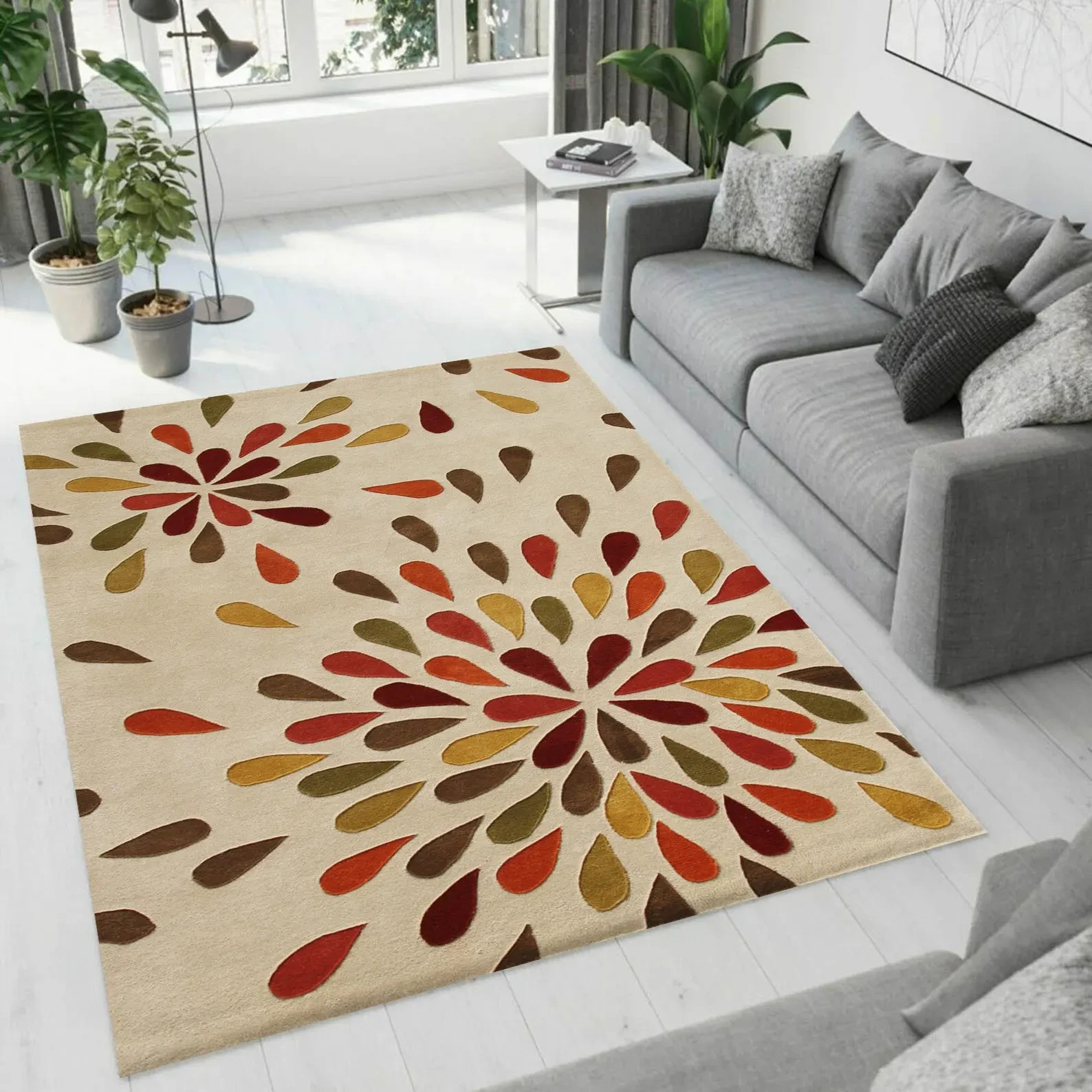 hand tufted Modern Multicolor Petal Design Floral Burst Beige Area Rug
