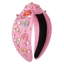 Pink Heart Headband Rhinestone Conversation Love Top Knot Hairband Wide