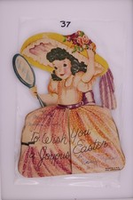 1920s Easter Die-Cut Fold-Out Greeting Card Girl Big Hat Mirror