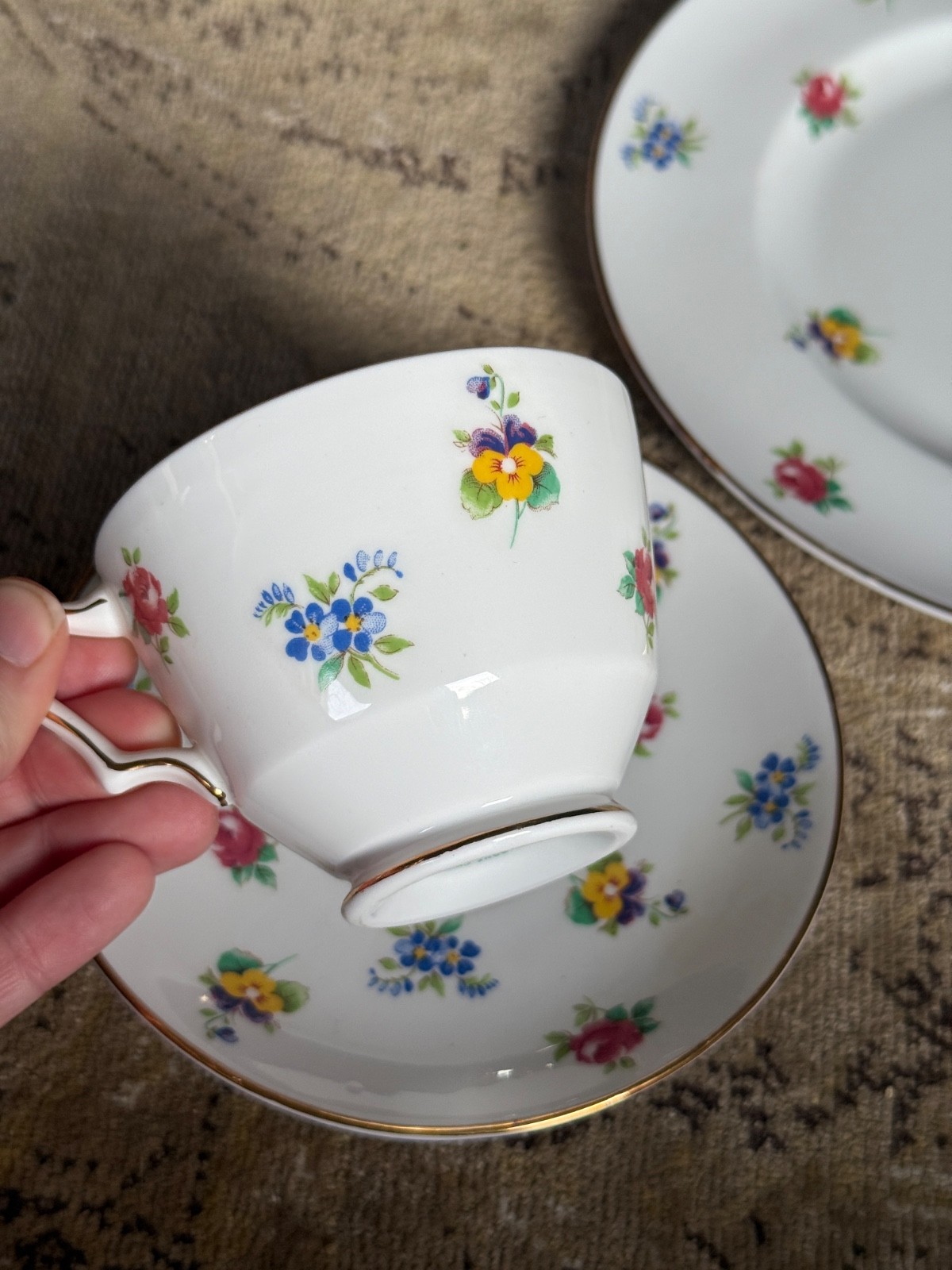 Crown Staffordshire Tea Cup Saucer Plate Floral Rose Pansy Teacup Trio Vintage