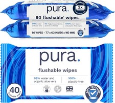 Pura Adult XL Flushable Unscented Wipes, 2 Packs of 40 Toilet Wipes 80 Wipes 