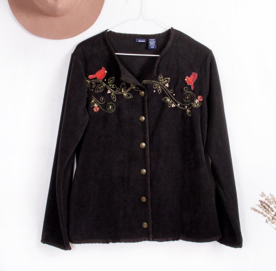 Embroidered Red Cardinals Black Basic Editions  S… - image 1