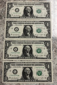QUAD Consecutive serials PAIR Lucky 7’s $1 Dollar Bill Fancy Serial Number 2021 