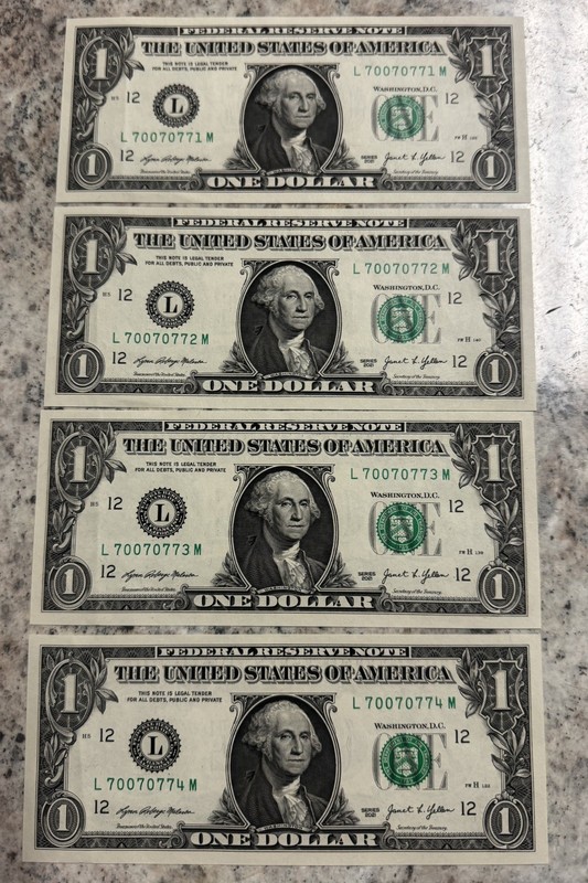 QUAD Consecutive serials PAIR Lucky 7’s $1 Dollar Bill Fancy Serial Number 2021 