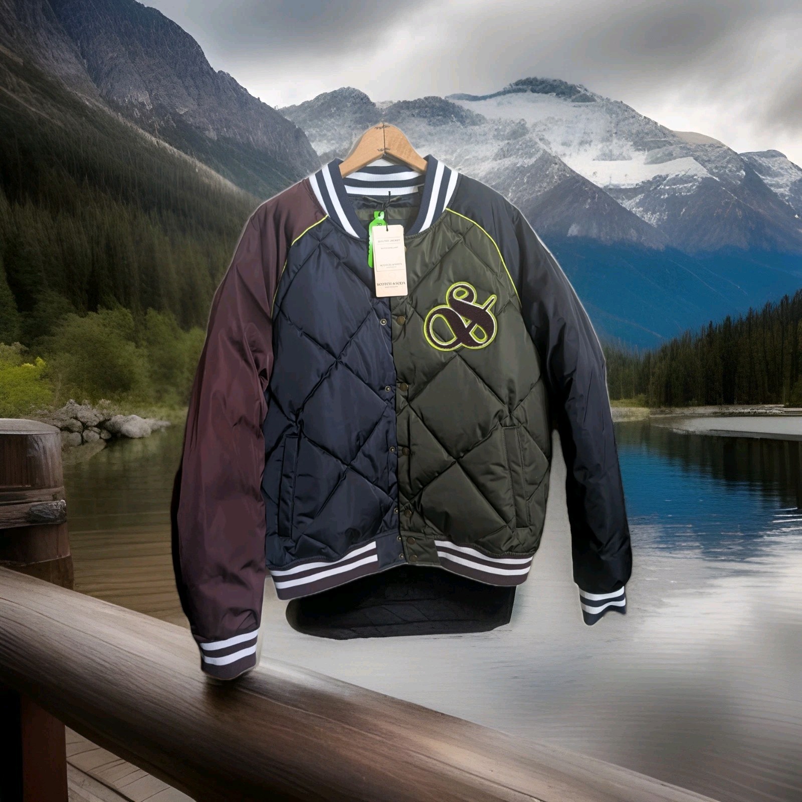 Scotch & Soda Quilted Varsity Jacket Water Repellent Inky Blue Green Medium NWT