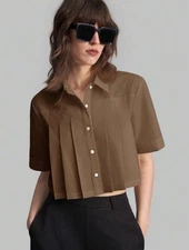 SHEIN Collared Pleated Crop Button Down Top - Size L
