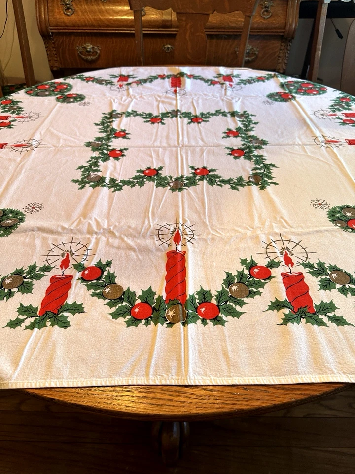 Vtg Xmas Cotton Topiary Tree Tablecloth 45x52" MCM Candles Holly Garland FreShip - Image 3 of 4