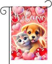 Valentine S Day Welcome Garden Flag 12X18 Inch Double Sided Cute Puppy and Kitty