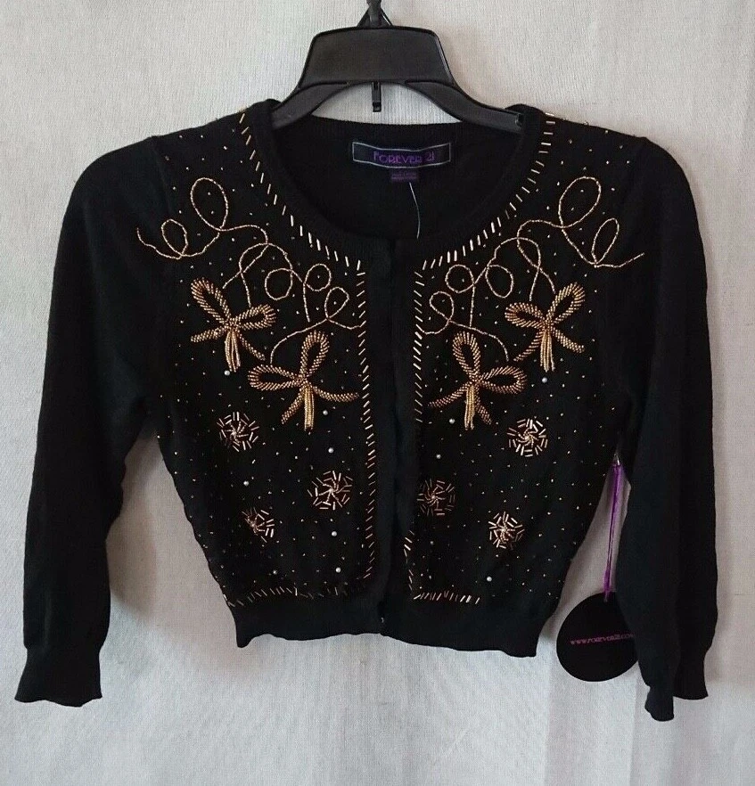 Women s Junior s Vintage Black Gold Embellished Forever 21 Cardigan Size Small