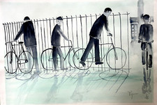 Naïve Watercolour Men on Bicycles Factory Fence Signed DG**** Charming original