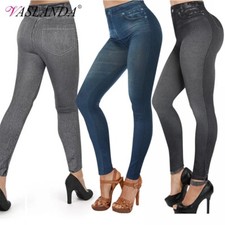 Women High Waist Faux Denim Jeans Jeggings Leggings Tummy Control Skinny Pants