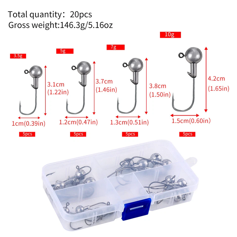 20Pcs/Box  Jig Heads Bottom Soft Lure Hook Freshwater Saltwater Fishing Mix Size - Image 3 of 4