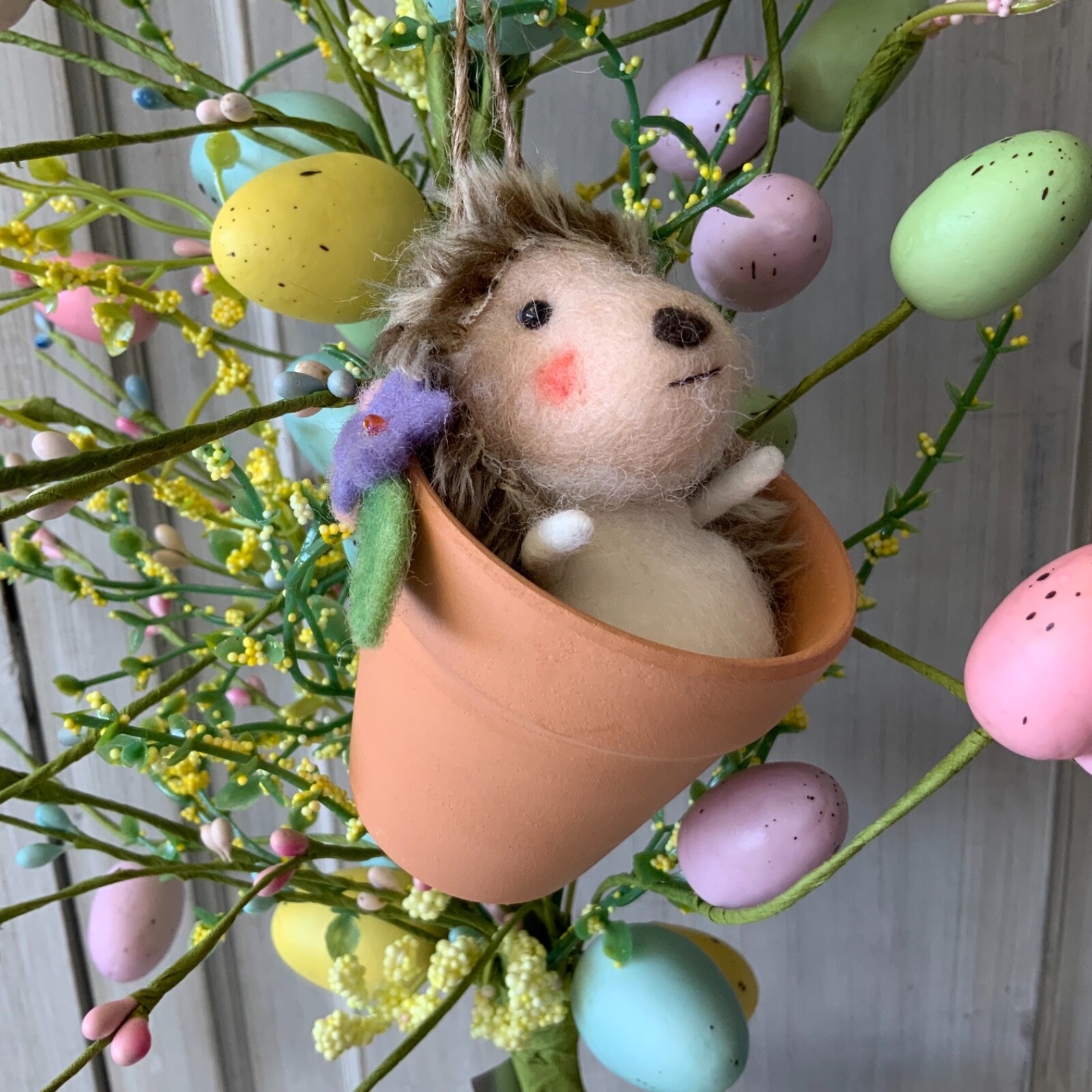 Fluffy Hedgehog in a Terracotta Plant Pot Easter Decoration Hanging Spring