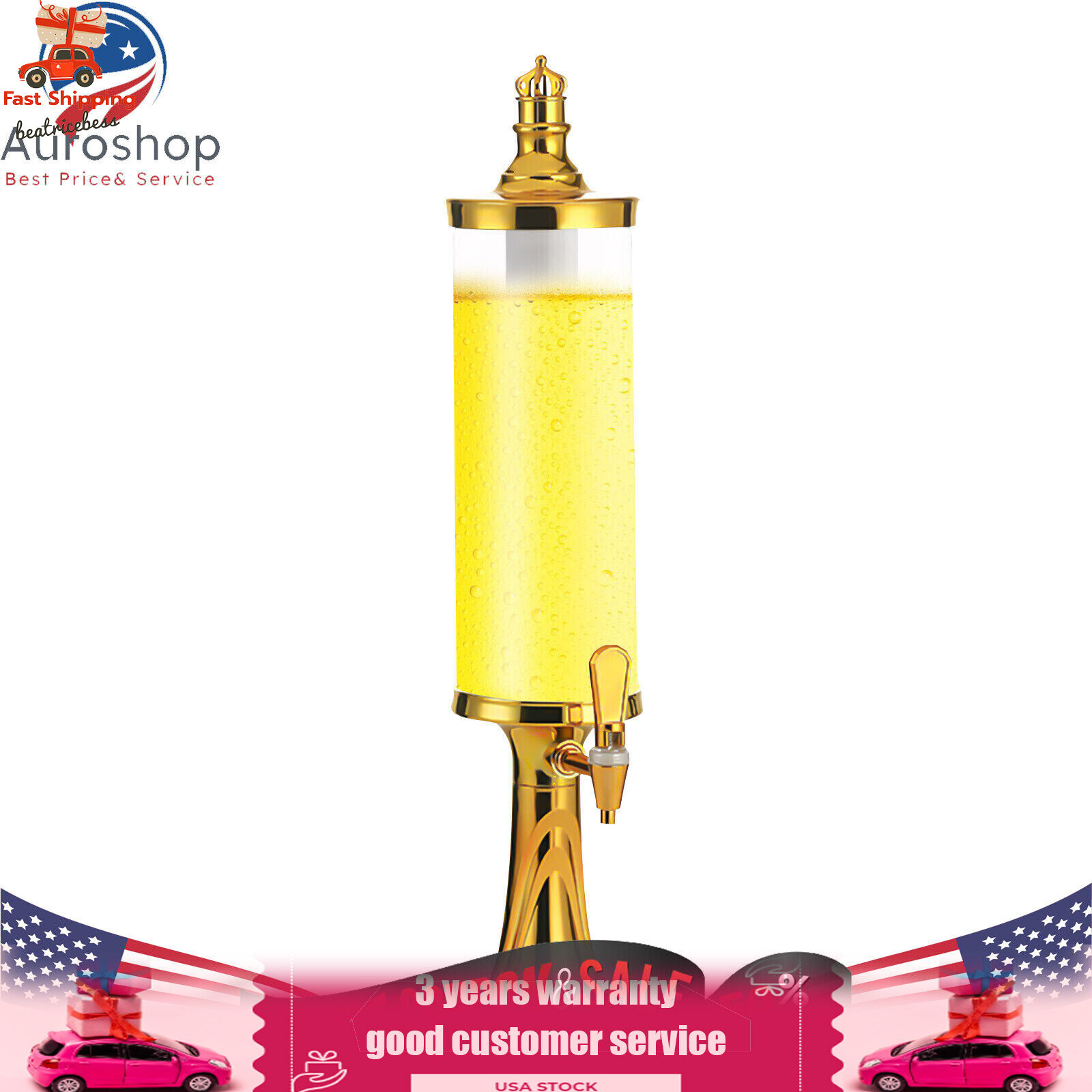 3L Beer Tower Beverage Dispenser Faucet Beverage Drink Dispenser LED Lights US