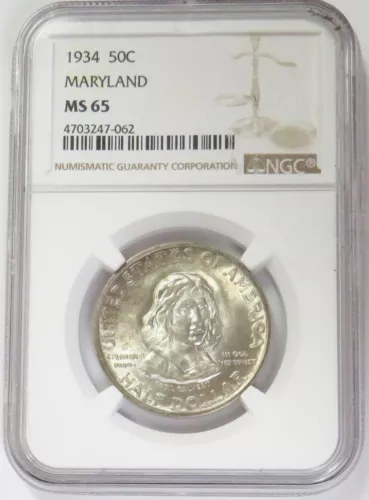 1934 US MARYLAND TERCENTENARY 50c COMMEMORATIVE SILVER COIN NGC MINT STATE 65