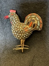 19th Century Handmade Rooster Bird With Inlaid Turquoise And Coral Stones