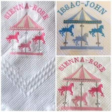 Romany Baby Boys' Girls' Personalised Embroidered Shawl Carousel Horses Any Name