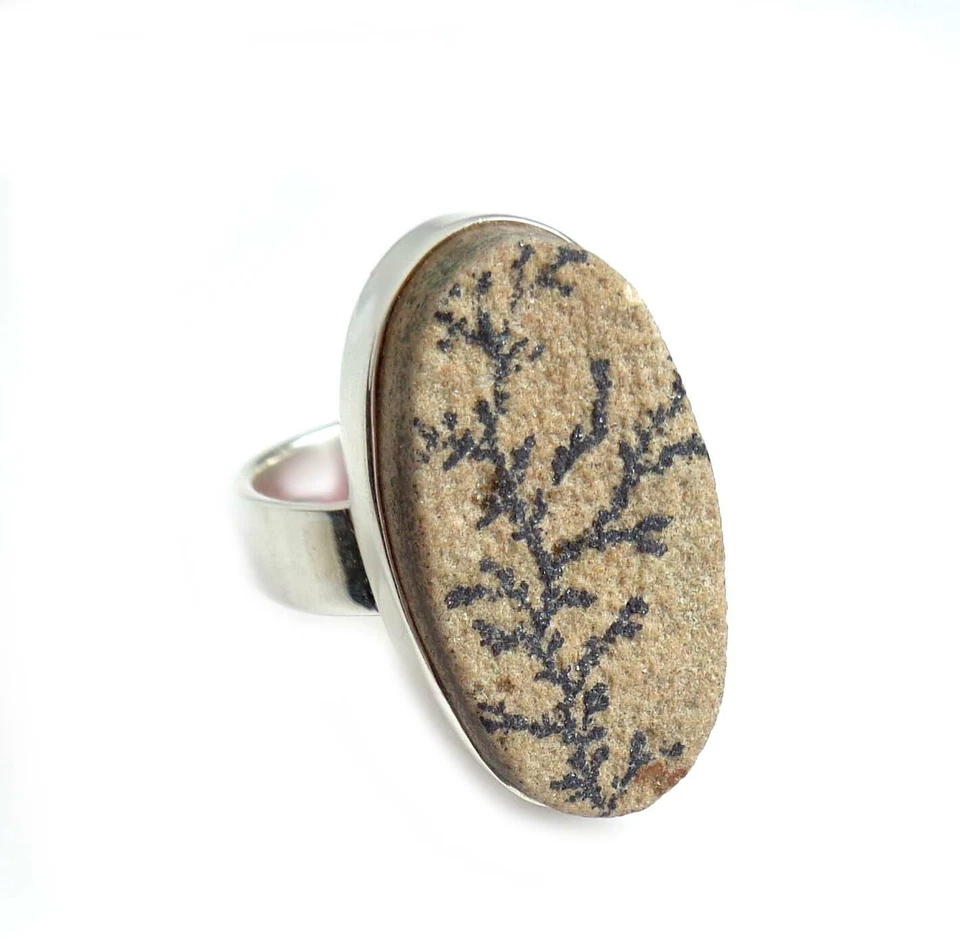 Dentriden Achat Ring 925er Silber Gr. 54-59 sand beige anthrazit +Box TR4