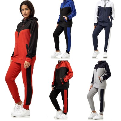 Damen Jogginganzug | Sportlicher Freizeitanzug mit Kapuze und Streifen 0986