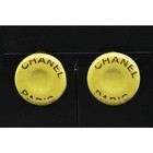 CHANEL Logo Earrings Lime Green Button Gold Plated Metal Stamped 1997 Vintage