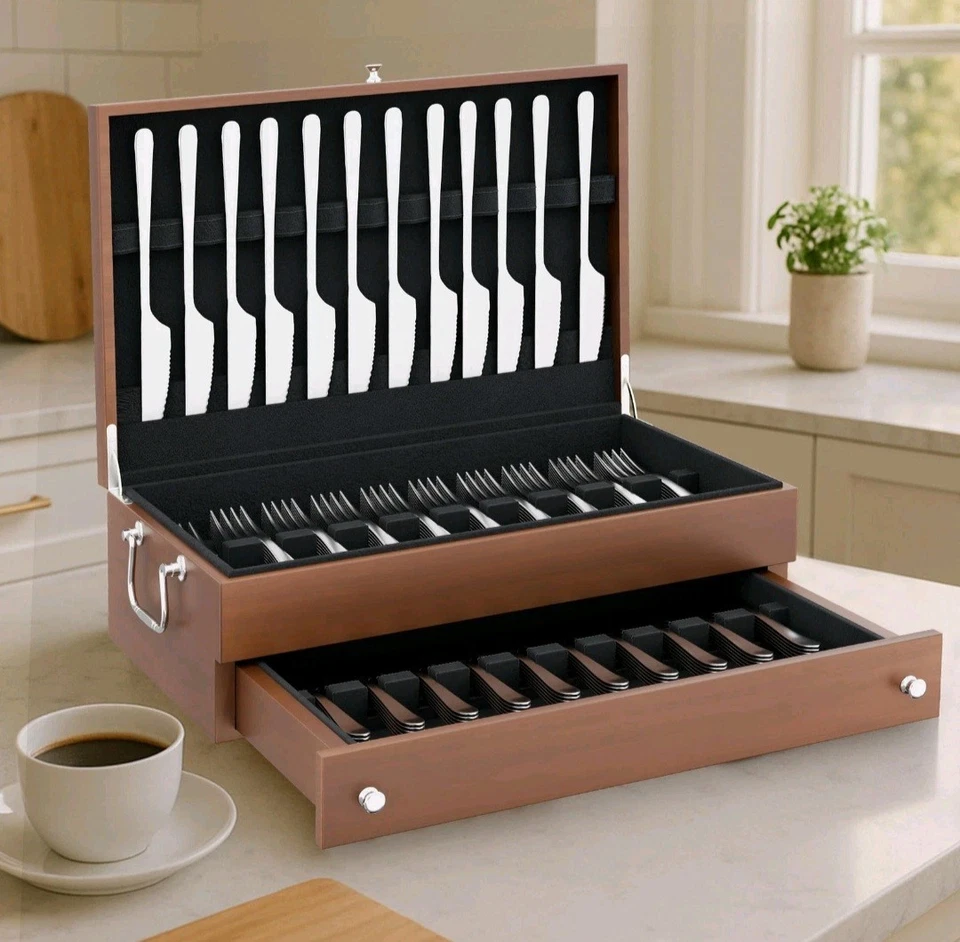 Premium Flatware Chest For 12+ Sets | Anti Tarnish Silverware Storage For Ful... - Image 3 of 4