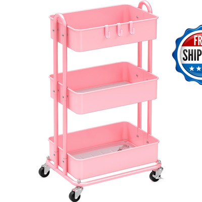 Simple Houseware 3-Tier Heavy Duty Metal Utility Rolling Cart Pink Cb-10C-P