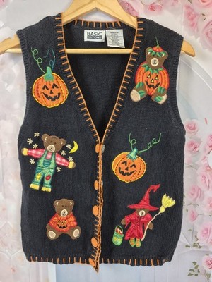 Vintage Basic Edition Halloween Teddybär Pullover Weste Perlen bestickt M