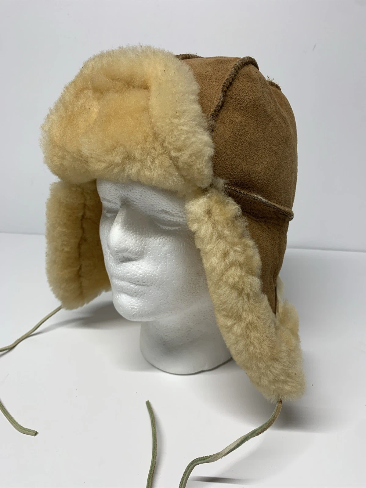Vintage Shearling Sheepskin Trapper Hat Suede Aviator Brown OSFM Triangle Flaps