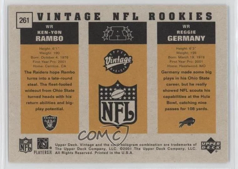 2001 Upper Deck Vintage Ken-Yon Rambo Reggie Germany #261 Rookie RC - Image 2 of 2