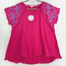 Umgee Boho Floral Embroidered Cotton Gauze Tunic Hot Pink Frayed Hem Blouse New