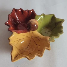 3 Part Ceramic Relish Dip Dish Colorful Autumn Leaves Acorn Formation Brands