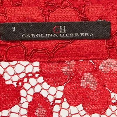 CH Carolina Herrera Red Corded Lace Ruffle Top and Straight Pants