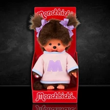 8" Large Monchhichi Doll - Girl in Purple "M" Bi-color Sweater - Authentic