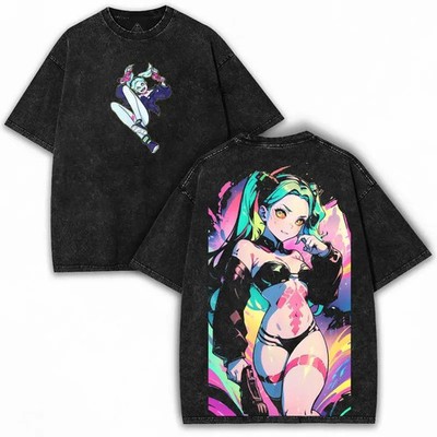 Rebecca Cyberpunk Edgerunners Girl Power Tee   Vintage Acid Washed Oversized Ani