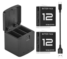 2 Pack Hero 10/11/12 Battery with 3-Channel Charger For Gopro Hero 11 12 Camera