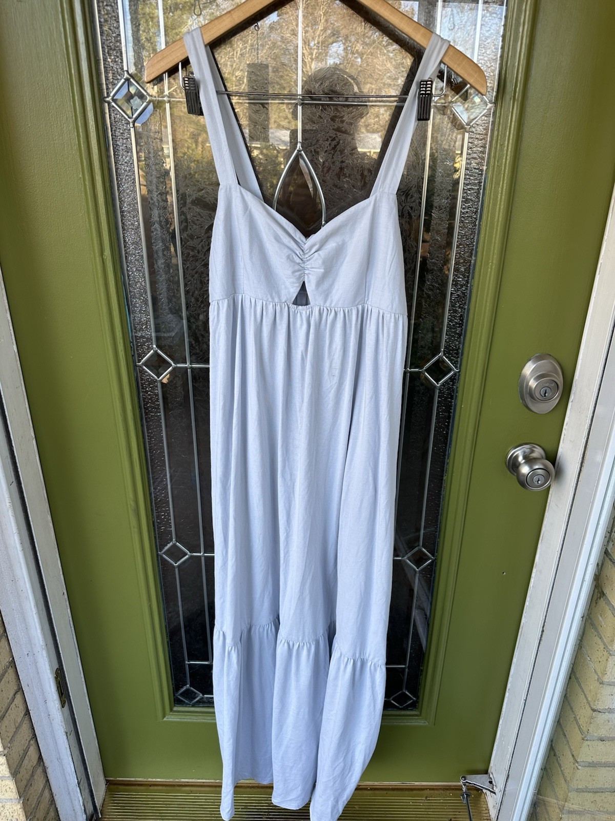 Zara Large Blue Cotton Tiered Keyhole Maxi Dress Skinny Strap Ruffle Baggy