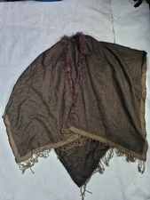 Cejon Acrylic Brown Open Poncho Sweater Womens One Size Fits All Real Fur Trim