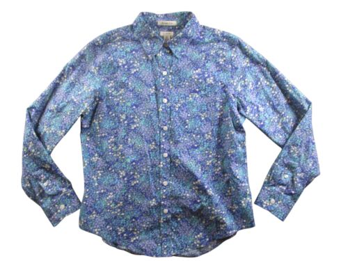 Vintage LL BEAN Floral Top Women's XS Blue Purple Wrinkle Free Shirt Long Sleeve