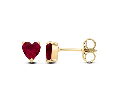 9ct Yellow Gold Created Ruby Heart Solitaire Stud Earrings - July Birthstone - Picture 1 of 8