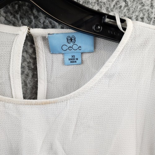CeCe Tie Sleeve Top Women's XS White Solid Round Neck Elbow Sleeve Button Back - Picture 12 of 16