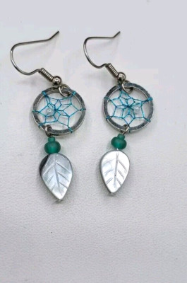  Native American Dream Catcher Feather Dangle Hook Earrings Mother Of Pearl 