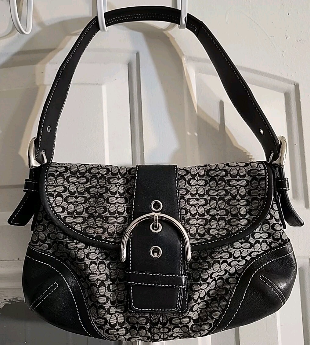 Coach Signature Small Black Grey Leather Hobo Bag Shoulder Purse G042