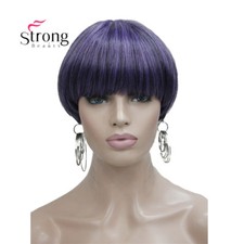StrongBeauty Short Straight Purple Highlighted Bob with Bangs Synthetic Wigs