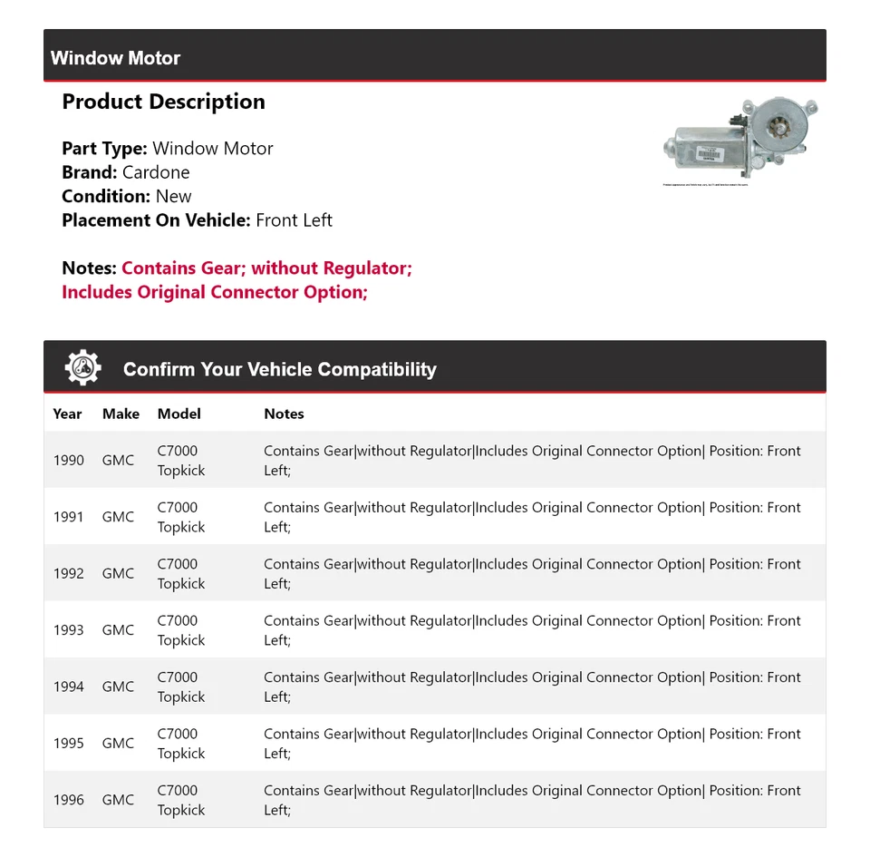 Para GMC C7000 1990-1996 Topkick Ventana Motor Delantero Izquierdo Cardone 1991 1992 1993 Foto 2 de 4