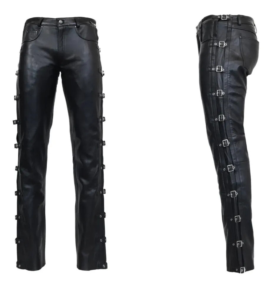 Pantalón de cuero negro para hombre con hebilla lateral Pantalones de motociclista Regalo personalizado para él