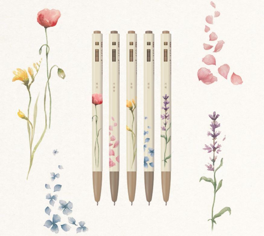 Monami Ballpoint Pen Gift Set of 5 - 153 Flower Edition (0.5mm) - Black