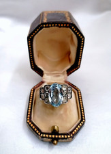SPETTACOLARE ANTICO ANELLO ORO BIANCO, DIAMANTI E TOPAZIO AZZURRO AUTENTICO 1920