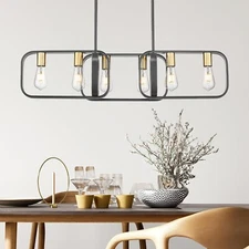 6-Light Black Gold Modern Kitchen Light Linear Chandelier Industrial Rectangular