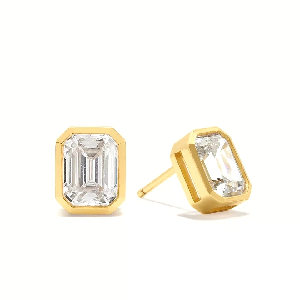 14K Gelbgold Solitär Ohrstecker 1,20 Ct Smaragdschliff Laborgezüchteter Diamant - Bild 3 von 4