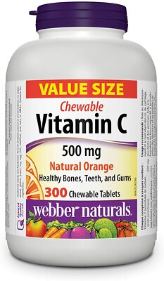 Webber Naturals Vitamin C, Orange Flavour, 500 mg, 300 Chewable Tablet